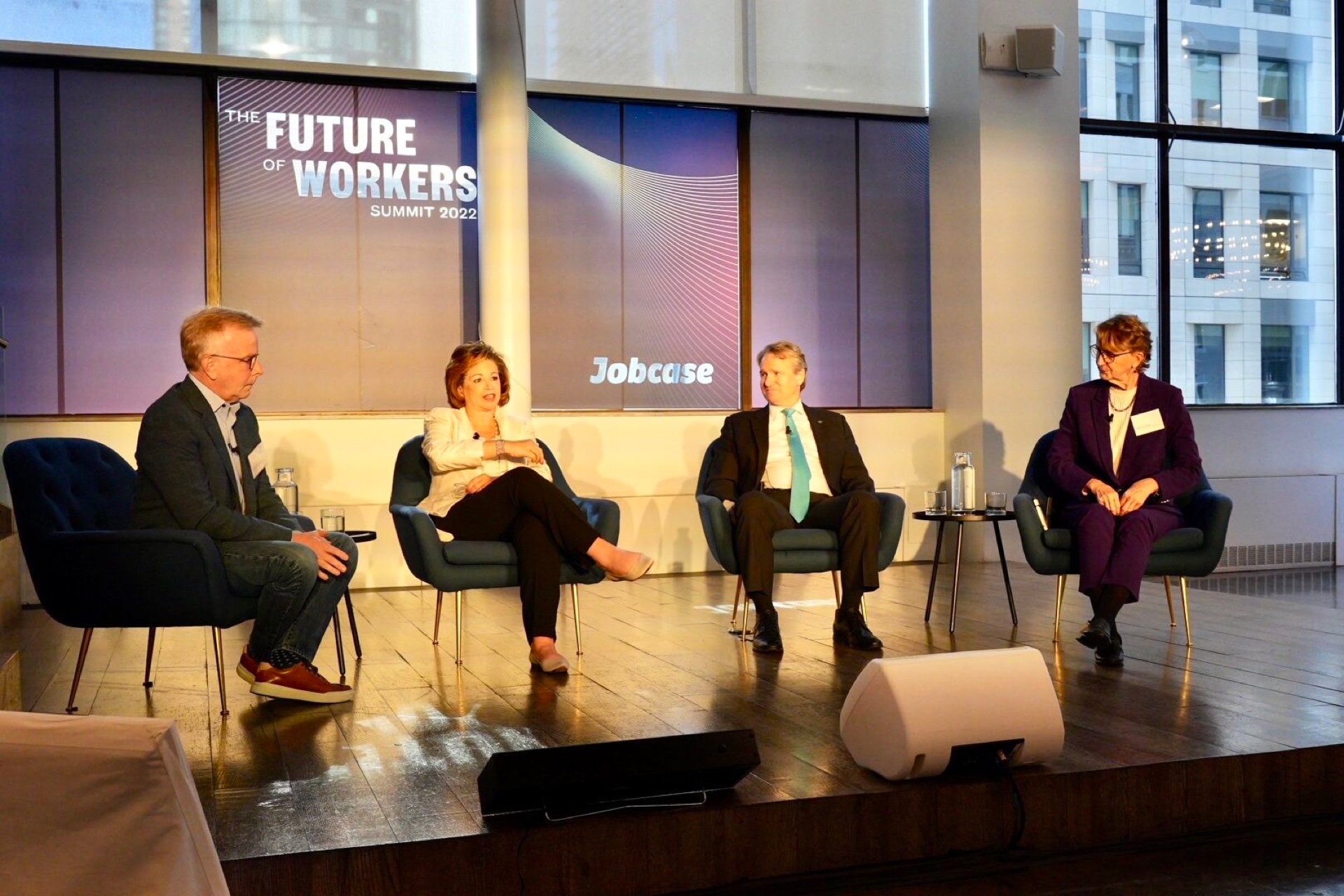 Future of Workers Summit at MIT: Panel discussion with Fred Goff (Jobcase CEO), Valerie Jarrett (Former White House Senior Advisor), Brian Moynihan (Bank of America CEO), and Mary Kay Henry (SEIU International President) on AI-driven workforce transformation